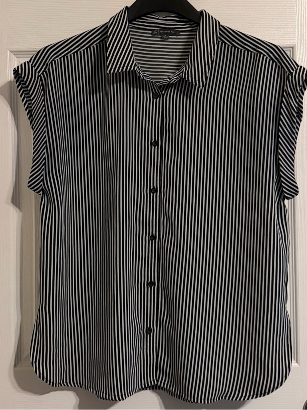 Adrianna Papell Black and White Striped Cap Sleeve Button Front Blouse